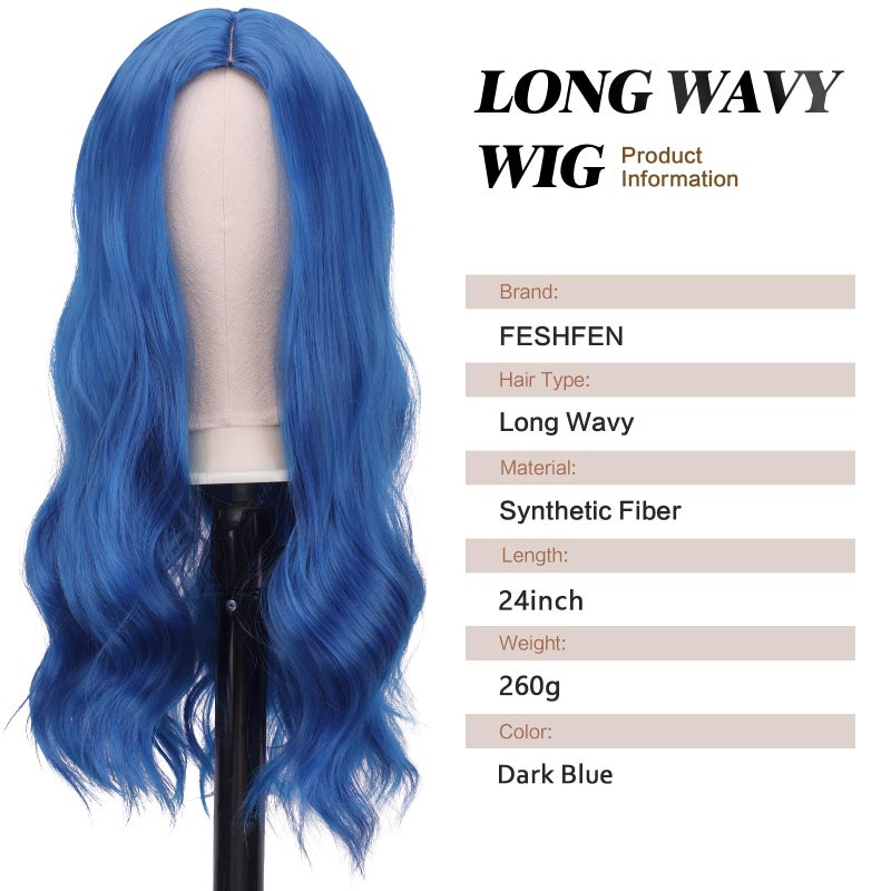 فيشبن شعر مستعار أزرق طويل من فيشفين للنساء، طوله 22 بوصة، شعر مستعار صناعي مموج مع فرق في المنتصف، مناسب للاستخدام اليومي والحفلات - Image 3